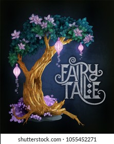 Magic tree with flowers and lights glowing in the night