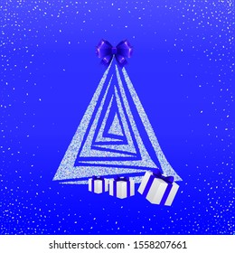 Magic tree with gifts and a blue ribbon on a blue snowy background.