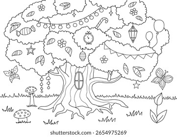 Árbol mágico gráfico blanco negro boceto ilustración Vector