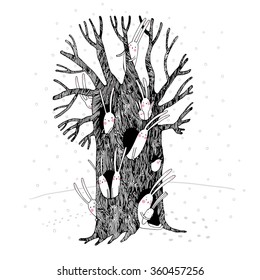 Magic Tree and hares. Hand drawing isolated objects on white background. Vector illustration.