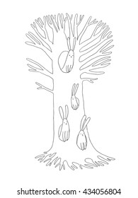 Magic Tree and hares. Hand drawing isolated objects on white background. Vector illustration.