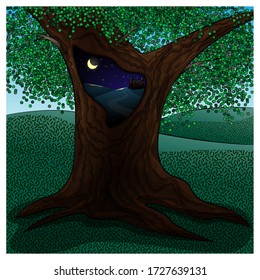 Magic tree with a hollow tree. Vector illustration