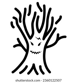 Icono de la línea del árbol mágico, concepto de Halloween, silueta espumosa del símbolo del árbol de Halloween sobre fondo blanco, icono del bosque aterrador en el estilo de contorno para el concepto móvil y el diseño web. Gráficos vectoriales
