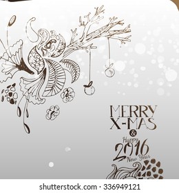 Magic tree for Merry Xmas illustration. Abstract graphic vector for greeting card. Hand drawn linear design elements.