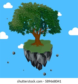 Magic tree on flying rock island levitating in clear blue sky at the fairyland. Fantasy vector abstract for brochure cover, website background, poster, banner an decoration card.