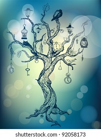 Magic tree on mystic blue background