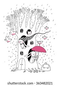 Magic Tree, rabbits and birds.  Hand drawing isolated objects on white background. Vector illustration. 