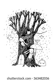 Magic Tree, rabbits and birds.  Hand drawing isolated objects on white background. Vector illustration. Coloring book