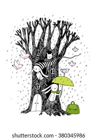 Magic Tree, rabbits and birds. Hand drawing isolated objects on white background. Vector illustration. 