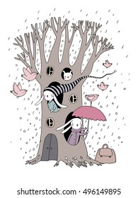 Árbol mágico, conejos y aves. objetos aislados sobre fondo blanco. Ilustración vectorial. 