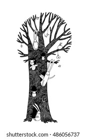 Magic Tree, rabbits, owl, dog and mouse. Winter landscape. Vector illustration. 
Hand drawing isolated objects on white background.