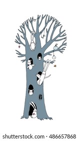 Magic Tree, rabbits, owl, dog and mouse. Winter landscape. Vector illustration.isolated objects on white background. quick sketch