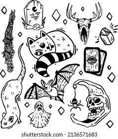 magic tree, rat, bat, devil's moon animal skull.