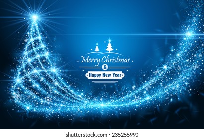 Magic Tree with snow and snowflakes on blue background