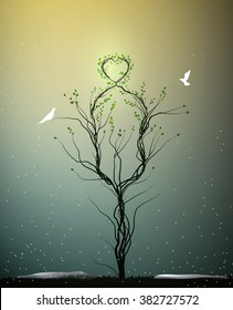 magic tree of spring love, tree with heart obove and two white birds flying to it, secret tree of love, vector
