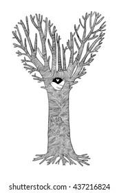 Magic Tree. Two little birds in the hollow. Hand drawing isolated objects on white background. Vector illustration. 