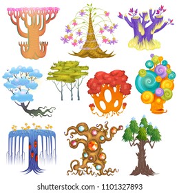 Magic tree vector fantasy forest with cartoon treetops and magical plants or fairy flowers illustration forestry set of colorful mystery oak isolated on white background