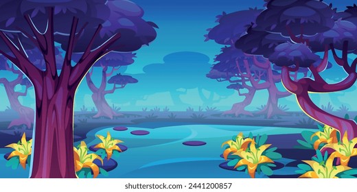 Magic trees background. Ui game location design, fantasy forest landscape, fairytale trees, strange beautiful flora. Mystical alien panorama. Dangerous woodland. Tidy vector cartoon concept