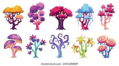 Magic trees. Fantasy cartoon forest, fairytale plants isolated on white background, colorful strange flora, fantastic woods, game ui design elements, colorful luminous leaves, tidy vector set