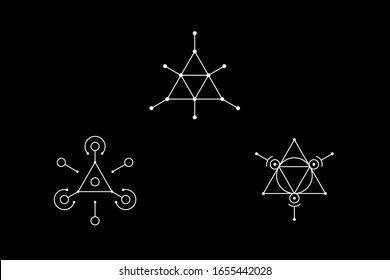Magic triangular geometry white symbol set with inscribed circle. Vector stock illustration.