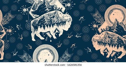 Magic tribal bison double exposure. Seamless pattern. Packing old paper, scrapbooking style. Vintage background. Medieval manuscript, engraving art. Buffalo bull travel symbol, adventure, tourism 