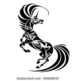 Magic tribal Unicorn. Spiritual, esoteric, totem animal symbol. For t-shirt, bag, postcard,and logo. Tattoo design
