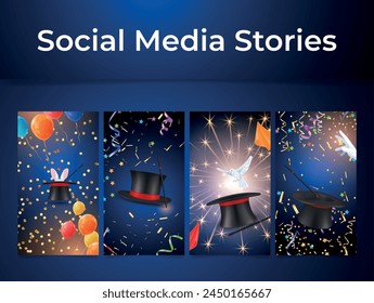 Magic trick circus magician poster social media stories design template set vector illustration. Illusionist wizard show cylinder cap and wand shine rabbit pigeon festive confetti miracle performance