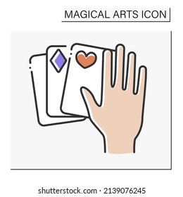  Magic trick color icon. Gambling. Focuses with playing cards. Magical arts concept. Isolated vector illustration