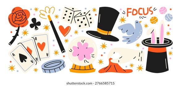 Magic trick elements in retro cartoon style. Magician performance props: playing cards, wand, top hat, rabbit, dice, crystal ball, coins. Stage illusion elements, classic magic tricks, circus show objects, illusionist kit