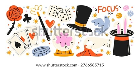 Magic trick elements in retro cartoon style. Magician performance props: playing cards, wand, top hat, rabbit, dice, crystal ball, coins. Stage illusion elements, classic magic tricks, circus show objects, illusionist kit