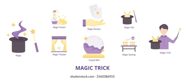 Magic Trick Flat Banner Web Icon Set Vector Illustration