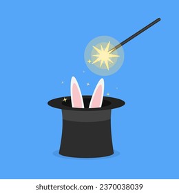 Magic trick with hat and rabbit. Magic wand and bunny ears flat illustration