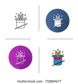 Magic trick icon. Flat design, linear and color styles. Rabbit in hat and magic wand. Isolated vector illustrations