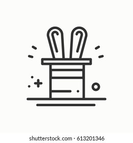 Magic trick icon. Rabbit in magician black hat cylinder. Circus magic party birthday event carnival festive holidays. Thin line party element icon. Vector simple linear design. Illustration. Symbols