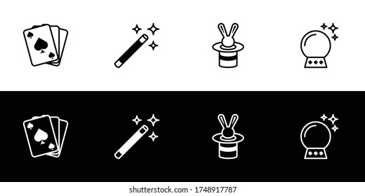 Zaubertricksymbol-Set. Flaches Design-Symbol-Sammlung einzeln auf schwarz-weißem Hintergrund. Karte, Stock, Kaninchen in Hut, Kristall.