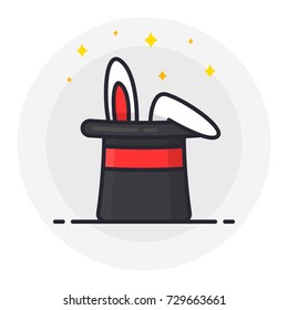 Magic trick icon. Wizard illusionist hat with rabbit ears. Rabbit in magician black cylinder with sparkles. Vector flat line style icon