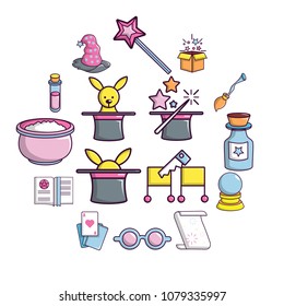 Magic trick icons set. Cartoon illustration of 16 magic trick, vector icons for web