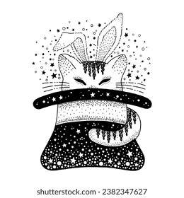 Magic trick with illusionist hat and cat with rabbit ears. Magician show in circus, funny focus with cute animal in black wizard cylinder, vector hand drawn illustration
