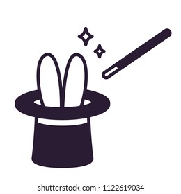 Magic trick illustration, rabbit ears sticking out of magician hat with wand. Cute and simple black and white cartoon vector drawing.