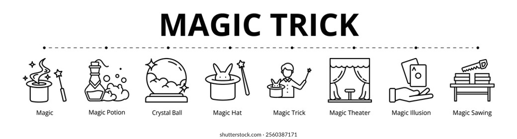 Magic Trick Line Banner Web Icon Set Vector Illustration