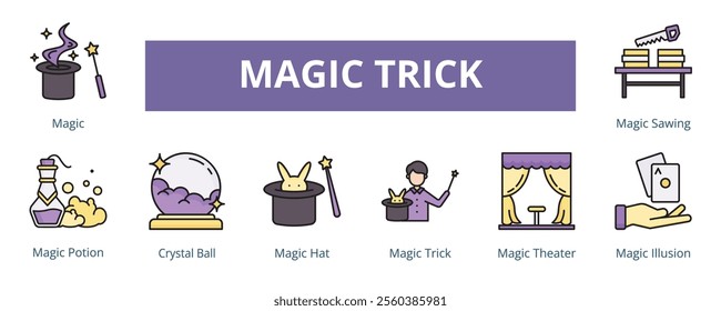 Magic Trick Lineal Color Banner Web Icon Set Vector Illustration