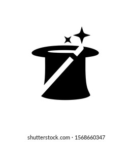 Magic Trick Logo Symbol Magic Hat Wand and Stars Illustration