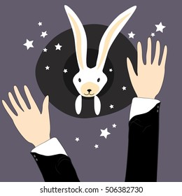Magic trick. Magician hands, hat and rabbit