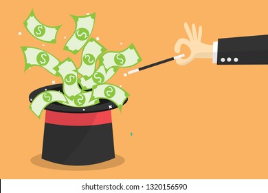 Magic trick to make money from hats. Business concept of generating income from work. Vector illustration in flat design orange background.