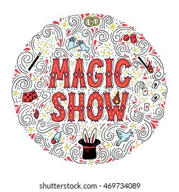 Magic trick performance, circus, show concept. Hand drawn vector illustration.