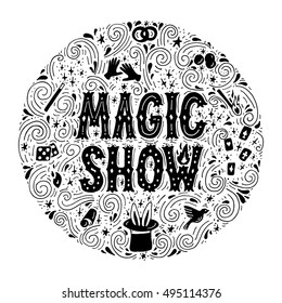Magic trick performance, circus, show concept. Hand drawn vector illustration.