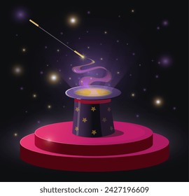 Magic trick. Professional illusionist accessories. Magical wand. Top hat on podium. Circus show elements. Magicians performance. Wizard illuminated items. Stage show