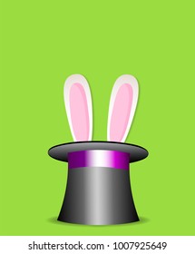 Magic trick rabbit in black cylinder hat. Top hat with cute cartoon pink and white bunny ears isolated on green background. Vector illustration, icon, clip art for greeting card. 