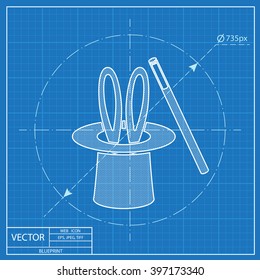 Magic trick rabbit in black hat cylinder vector blueprint icon