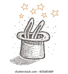 Magic trick rabbit in black hat cylinder. Vector illustration